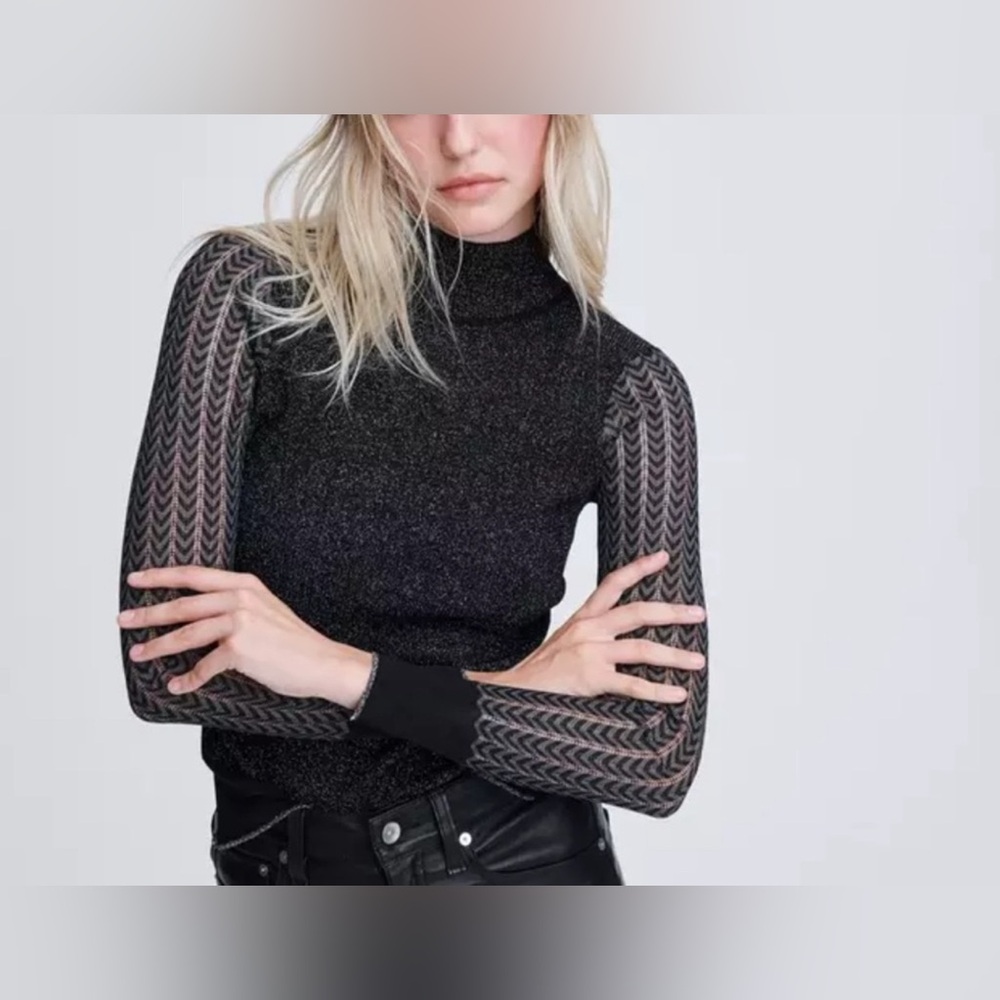 rag & bone Black Sheer Chevron Sleeve Turtleneck Sweater